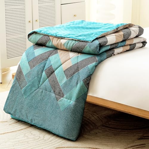 Image of Ac Comforter Single Bed Boho with Satin Finish 240 GSM - Reversible AC Comforter -Cyan Blue & White, Geometric Comforter Quilt Duvet Dohar Blanket for Summer 150 X 225 cm