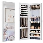 Mirror Jewelry Cabinet,Lockable Wall or Door Mounted Jewelry Armoire Organizer With Built-up Mirror,LED Lights, Drawers,Cosmetic Trays,Shelves, 14.4"x3.15"x 43.1"（White）