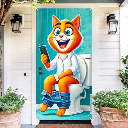 Image of Funny Cat Toilet Door Cover 35x71in Orange Tabby Humor
