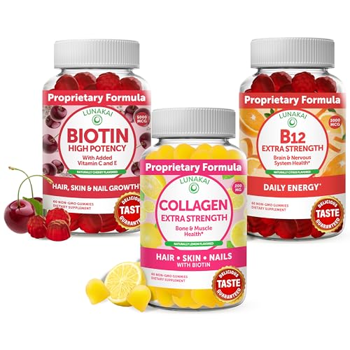 Lunakai Collagen, Biotin and Vitamin B12 Bundle - Anti Aging Supplements for Men & Women, with VIT C...