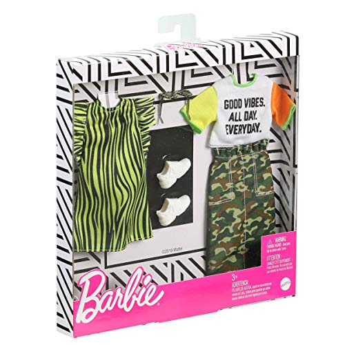 Barbie Fashionistas 2-teiliges Puppenkleidungsset bestehend aus Tarnrock + T-Shirt + gestreiftem Kleid + Zubehör für… – Bild 4