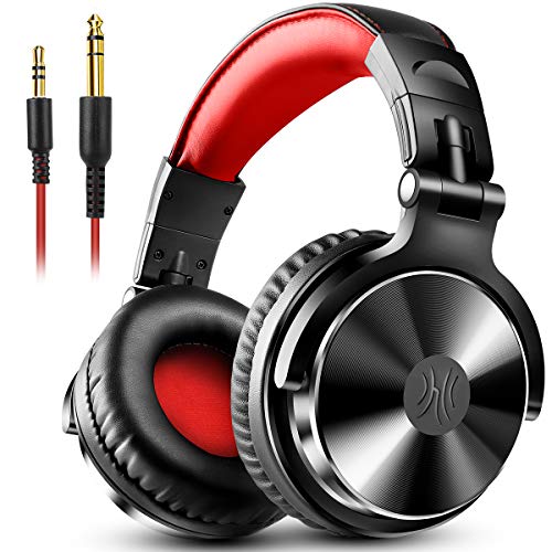 OneOdio Over Ear Headphone, Wired Bass Headsets with 50mm Driver, Foldable Lightweight Headphones with Shareport and Mic for Recording Monitoring Podcast Guitar PC TV - (Red)