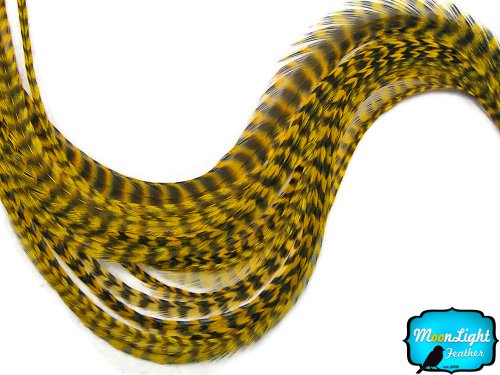 Hair Extension Feathers, Rooster Feathers - Yellow Thin Long Grizzly Rooster Hair Extension Feather & Silicon Bead image 3