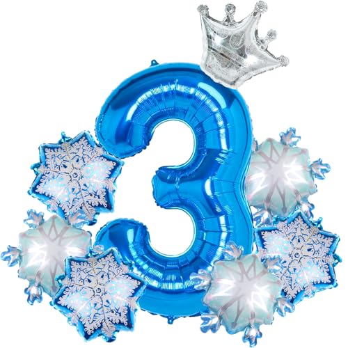 Image of Winter Snow Balloons Frozen Snow Themed Birthday, Silver and Blue Large Foil Mylar 40inch 3 Number Balloon with Crown for Princess Elsa Birthday Party Decorations Supplies for Women