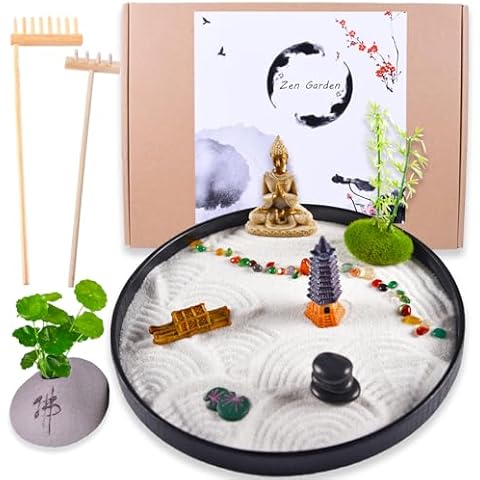 amberr Japanese Zen Garden Kit for Desk - Premium Mini Sand Garden for Kids Gift. Home, Office Desk Decor with Accessories,Zen Garden Sand,Rakes. Desktop Meditation Room Decor Tray Kids Sandbox Cover
