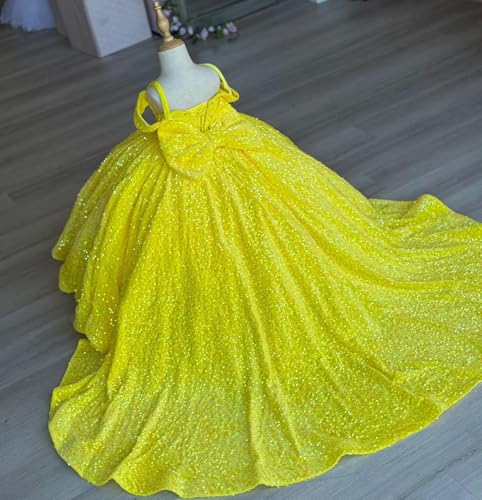 Puffy Bow Flower Girl Dress with Train Sparkly Sequin Formal Ball Gown V Neck Pageant Dresses for Little Girls4