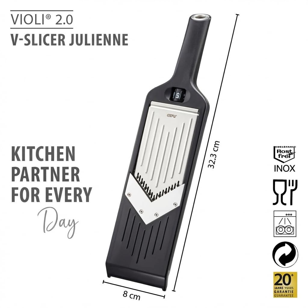 GEFU 50441 Julienne VIOLI 2.0 szatkownica V – do idealnych plastrów owoców i warzyw oraz pasków julienne
