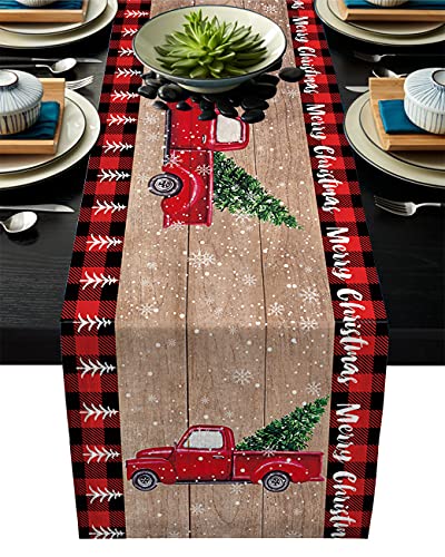 Christmas Red Truck Table Runner-Black Buffalo Plaid Check-Cotton Linen-Winter Dinner Scarf Décor,Long 36 Inch Holiday Xmas Tree Dresser Scarves,Farmhouse Kitchen Dining Living Room Tablerunner