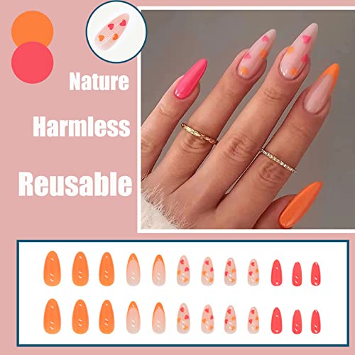 Qingge French Heart Press On Nails Short Glossy Fake Nails Hot Pink And Orange False Nails With Pattern Stick On Nails Nude Acrylic Nails Summer Glue On Nails For Women 24Pcs #TOP1