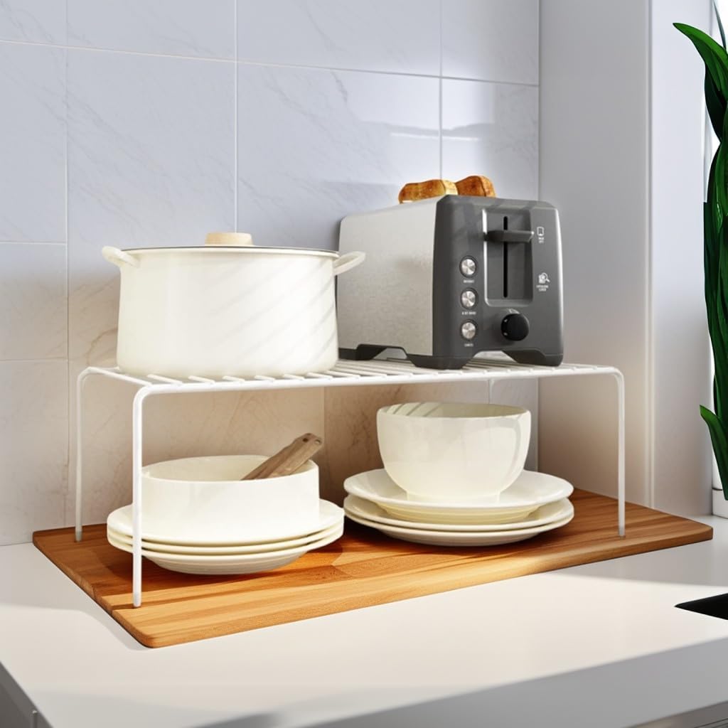 iPEGTOP Kitchen Cabinet Storage Shelf Rack, Set of 2 Large (15.7 x 9.4 Inch) Rustproof Metal Wire Shelves Spice Shelf Rack Cupboard Organizer for Pantries Countertops Utensils Organization, White - Image 2