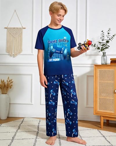 Image of PASHOP Boys Pajamas Little Big Boys Pajamas Short Sleeves and Pants 2 Pieces Summer Pjs Set Kids Boy Sleepwear Size 8-14