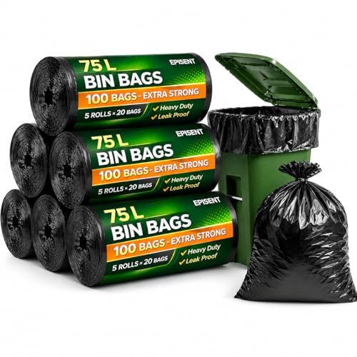EPISENT Heavy Duty Bin Bags 75 L 100 Black Refuse Sacks Extra Strong Leak Proof Welded Base Rubbish Bags 72 x 85 cm for Home Kitchen Garden Office and Commercial Waste