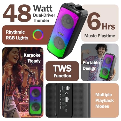 pTron Fusion Beats 48W Bluetooth Party Speaker w/Immersive Sound, Dual 4 inch Neo Drivers, Rhythmic RGB Lights, 6Hrs Playtime, BT5.3/Aux/TF Card/USB Playback Modes, Type-C Charging (Midnight Black) view 2