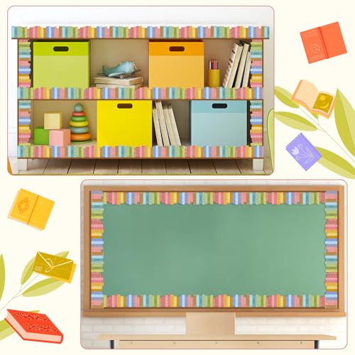 Image of BeYumi Boho Bookshelf Border Trim - 65ft Back to School Retro Groovy Books with Smile Face Border Trim Floral Rainbow Colorful Bookshelf Bulletin Board Library Classroom Office Home Wall Party Decor