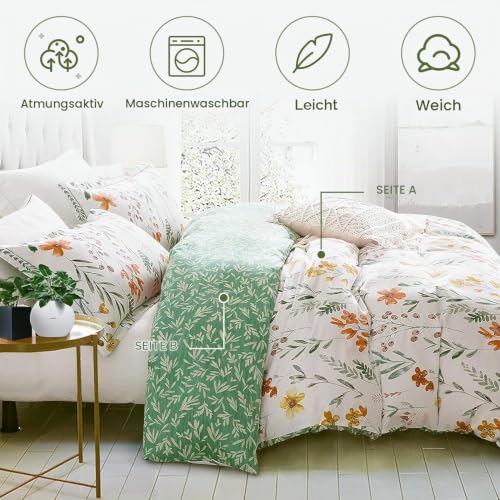 Lanqinglv Bettwäsche 155x220 Blumen Grün Weiß Pflanzen Wendebettwäsche Set – Ansicht 2