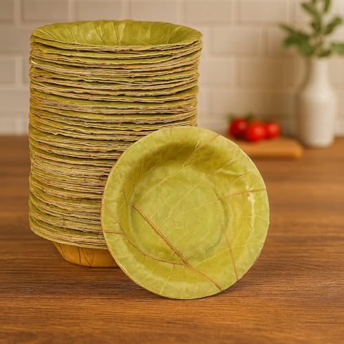 Image of SWHF 100% Bio-Degradable | Disposable | Eco-Friendly | Wedding | Anniversary | Birthday | Party Events | Occasion | Compostable | Natural | SAL Leaf Bowl and Dona- 4.25 inch inch (Pack of 50)