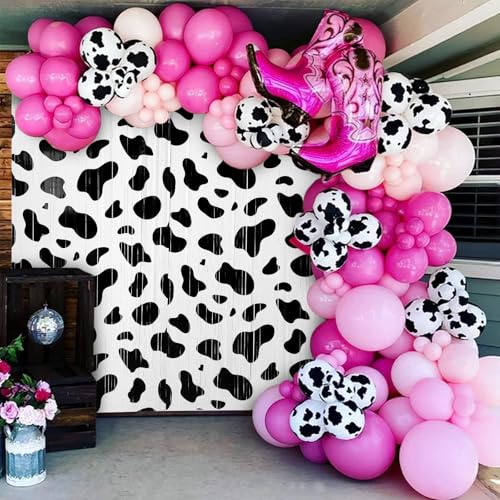 Image of WovWeave 2 Pcs Cow Party Decorations 3.3 x 6.6 ft Black and White Cow Farm Foil Fringe Curtains Backdrop Tinsel Streamers for Photo Booth Farm Birthday Disco Cowgirl Rodeo Party Decor Supplies