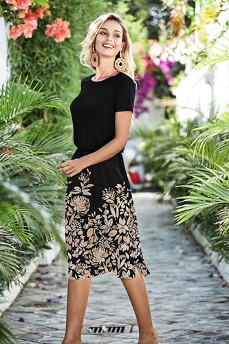 Image of Simier Fariry Womens Summer Hide Belly Knee Length Travel Dress Pocket Short Sleeve Midi Work Casual Outfits
