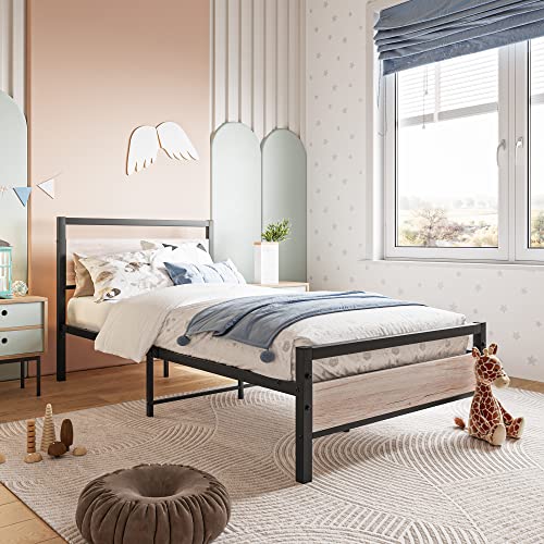 Image of BOFENG Twin Bed Frame with Wood Headboard Farmhouse Bed,Heavy Duty Metal Platform Bed Frames No Box Spring Needed,Firm Mattress Foundation Steel Slat Support Easy Assembly(Natural Oak)