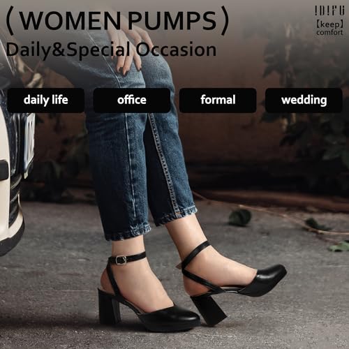 IDIFU IN3 Women's Pumps Platform Closed Toe Heels Comfortable Low Chunky Block Slingback Ankle Strap Dressy Wedding Bridal Party Shoes Pointed Toe Heels3