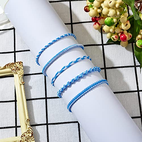 Ornaland 5 Pcs 5 Styles Nylon Thread Woven Braided Bracelets Set Handmade Braided Rope Bracelets Surfer Stretch Friendship Bracelets Adjustable Wrist Cord for Women Men, Light Sky Blue4