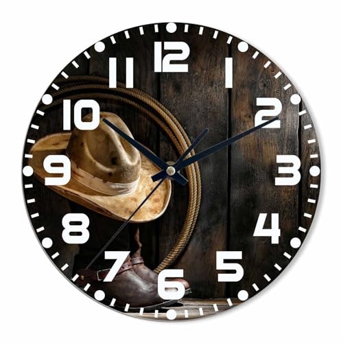 Cowboy Hat Wall Clock Battery Operated Cowboy Boots and Lariat Wall Clock Silent Non Ticking Quality Quartz 10 Inch Round Easy Clock to Read for Home Office