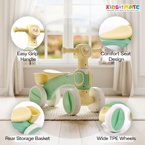 Image of Kidsmate Tiny Glide Baby Push Ride On Toy with Rear Storage Basket | 4-Wheel Stable Design for Balance, Coordination & Active Growth | Perfect Toddler Mini Bike for 1-4 Yrs - Green Yellow