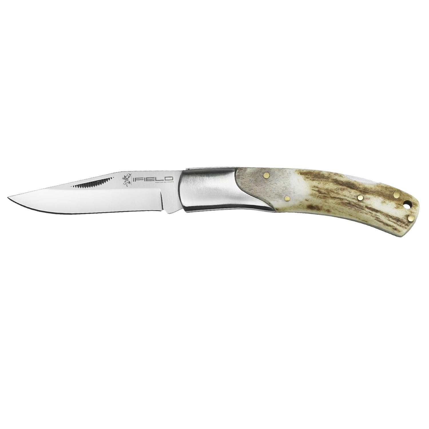 iFIELD EL29034 coltello da caccia pieghevole Bushcraft Sopravvivenza Escursionismo Campeggio, lama in acciaio inox con manico in corno di cervo, Made in Albacete (Spagna)