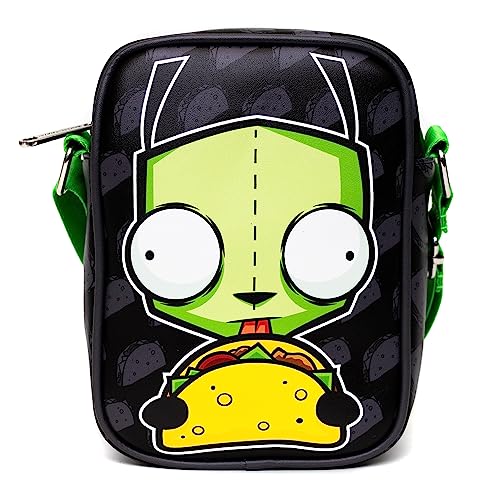 Nickelodeon Bag, Crossbody, Invader Zim GIR Taco Pose With Taco Print Black Gray, Vegan Leather
