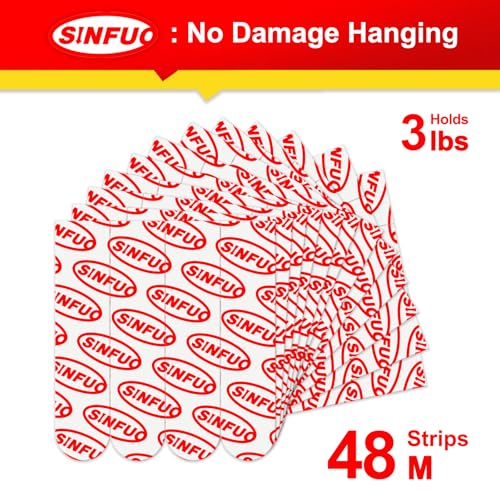 Sinfuo 48 Medium Picture Tape for Walls No Damage, Adhesive Strips for Wall Hooks, Removable Picture Hanging Strips, Residue Free Tape Home Double Sided Tape Heavy Duty Variety Pack