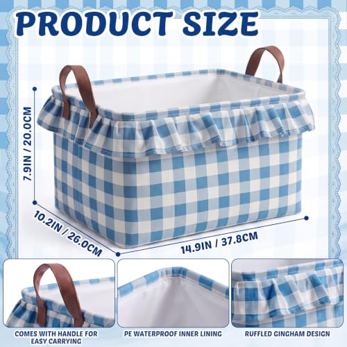 Image of Boao 1 Pcs Blue Ruffled Gingham Canvas Basket, Rectangular Organizing Decorative Storage Basket with Handle, Cute Farmhouse Home Decor for Nursery Room Bathroom Living Room