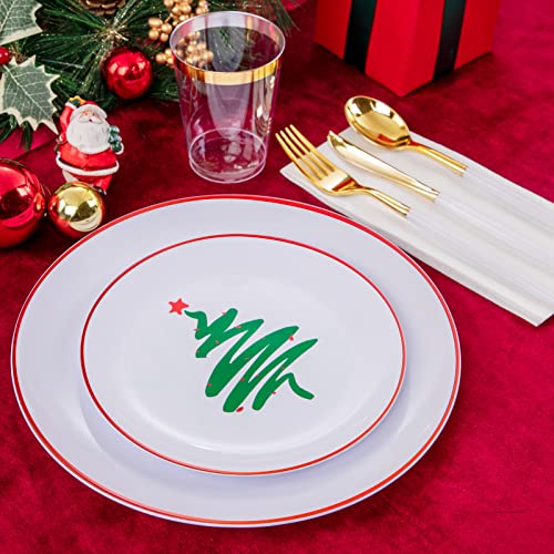 Supernal Christmas Plastic Plates, Gold Plastic Cutlery – 180pcs Elegant Disposable Dinnerware with White-Gold Knives/Forks/Spoons, GoldRim Clear Tumblers, Premium Christmas Tableware for 30 Guests – Image 5
