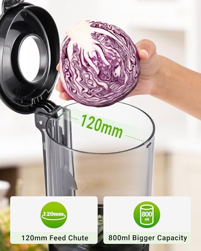 TUUMIIST Cold Press Juicer, 120MM Auto Feed Chute Juicer machines, Pre-cut Juicers for Whole Fruit and Vegetable, Slow Masticating Juicer with High Yield, 800ML Hopper with 2 Cups,Dark Black - Image 3