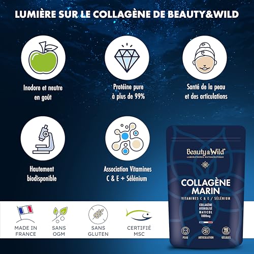 Collagène Marin, complément alimentaire de peptides de collagène Marin + Vitamine C + Vitamine E + Sélénium, Naticol type 1 et 3, 2000Da, haute absorption, Made in France, 90 gélules – Image 4