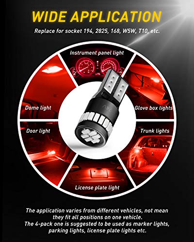 Image of AUXITO Brilliant Red 194 LED Bulbs 168 2825 W5W T10 Wedge LED Replacement Light Kit for Car Dome Map Door Parking License Plate Marker Lights, Pack of 10