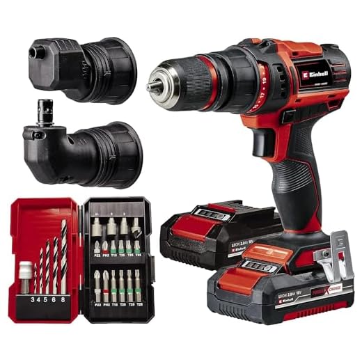 Einhell Taladro con batería TE-CD 18/45 3X-Li+22 Power X-Change (18 V, 45 Nm, portabrocas desmontable, pieza angular y excéntrica, set de puntas de 22 piezas, 2 baterías de 2,0 Ah, cargador + E-Box)