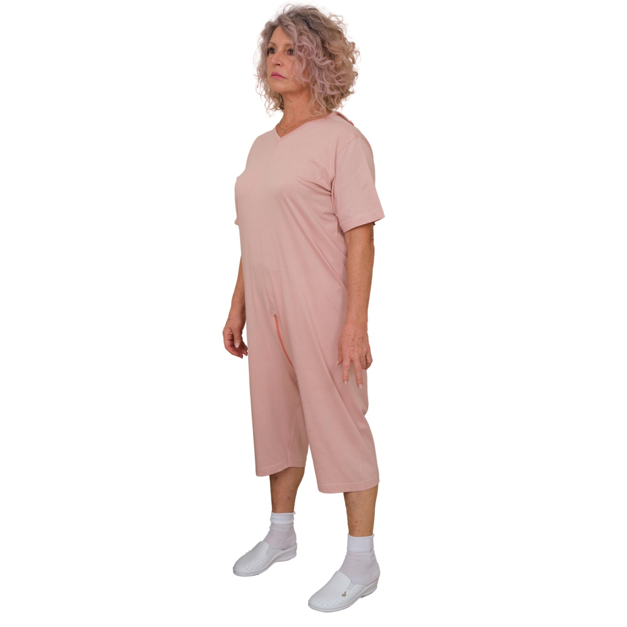 FERRUCCI COMFORT Pijama de tutón sanitario para mujer para personas mayores - 9078 MC PC - Manga Corta y Pantalón Corto para Alzheimer e Incontinencia