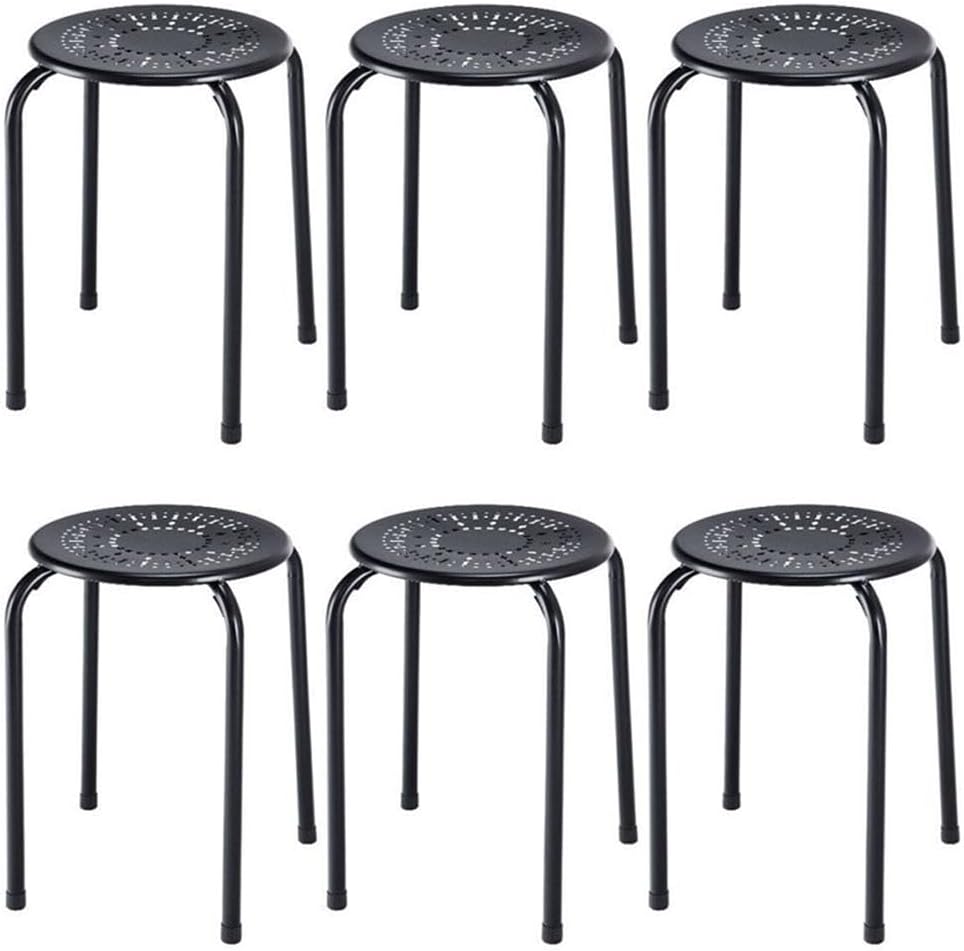 Pemberly Row Backless Round Top Metal Stackable Stools, Black Powder-Coated Finish, Set of 6, Daisy Pattern, Durable Steel Construction, Space-Saving Design, Non-Marring Feet, Indoor/Outdoor Use