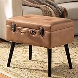 Glitzhome Leather Footstool with Storage, Vanity Footrest Seat Stool, Upholstered Ottoman with Button Tufted Wood Legs, Decorative Suitcase Makeup Stool for Living Room Bedroom Bedside, Brown