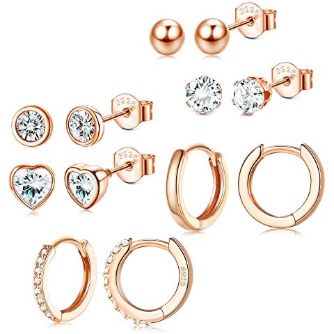 YADOCA 6Pairs Sterling Silver Stud Earrings for Women, Silver Stud Earrings Silver Hoop Earrings Set, Ball Heart CZ Small Cartilage Sleepers Studs Hoops Huggie Earrings Rose Gold Cover
