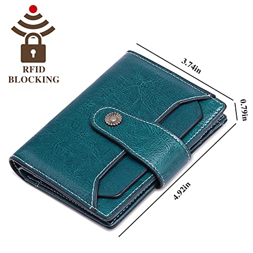 Image of Falan Mule Women's Wallet, Genuine Leather, Bifold, RFID Blocking, Peacock Blue, 10 Slots, 2 Windows, 1 Zipper Pocket, 2 Compartments