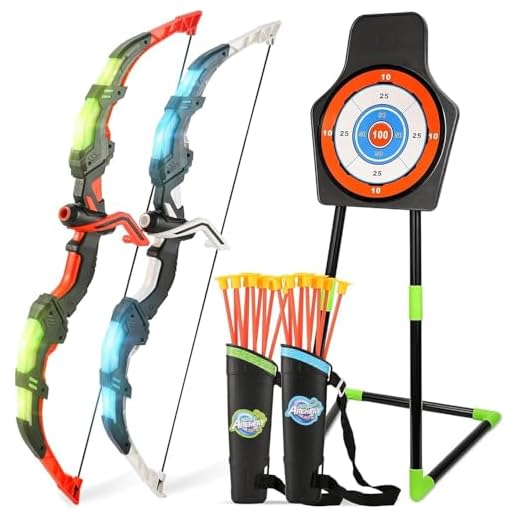 Arco y Flecha para Niños, Juego de Tiro con Arco LED,Juguete para Exterior con Diana Fija, 20 Flechas y 2 carcajs,Juegos al Aire Libre para niños de 3-8 años en adelante, Regalo para Niños y Niñas