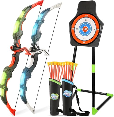 Arco y Flecha para Niños, Juego de Tiro con Arco LED,Juguete para Exterior con Diana Fija, 20 Flechas y 2 carcajs,Juegos al Aire Libre para niños de 3-8 años en adelante, Regalo para Niños y Niñas