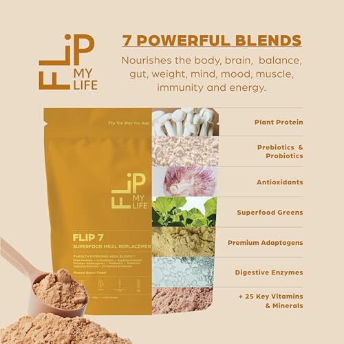 Image of Flip My Life, Flip 7 Natural SuperFood, Plant-Based Protein, Complete Meal Replacement to Support Healthy Gut, 7 Mega Nutrient Rich Blends all in one to AGE BETTER - Peanut Butter