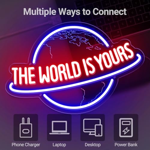 Image of The World Is Yours Neon Sign, Remote Dimmer Planet LED Neon Light Lamp for Wall Decor, USB Power for Man Cave Home Bar Bistro Club Cafe Wedding Game Room Bedroom Birthday Gift Graduation Party
