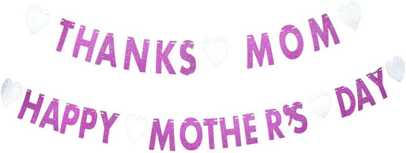 GOER Mothers Day Decorations Happy Mothers Day Thanks Mom Banner Pink Glitter Garland Photo Props