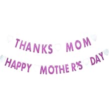GOER Mothers Day Decorations Happy Mothers Day Thanks Mom Banner Pink Glitter Garland Photo Props