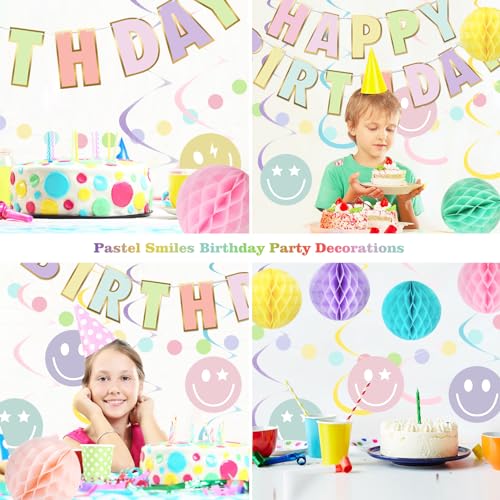 meowtastic Pastel Birthday Decorations - Macaron Happy Birthday Banner with Honeycomb, Smiley Face Hanging Swirl Streamer, Circle Dot Garland Decorations - Birthday Party Decorations for Boys Girls - Image 5