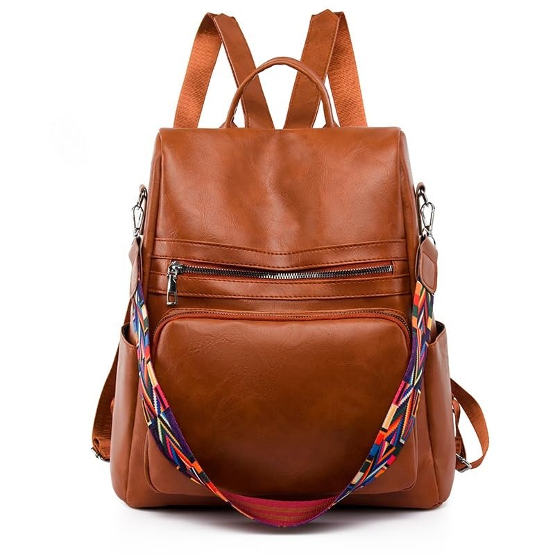 Mochila Feminina Grande Couro Sintético Impermeável Casual(Marrom)