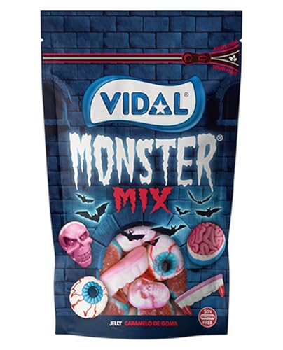 Vidal Golosinas. Monster Mix - Selección de chuches terróríficas, con intenso sabor a fresa y fresa-nata. Sin Gluten. Sin Grasa. Bolsa 180g